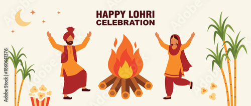 Vector illustration of a Punjabi couple dancing around a bonfire with sugarcane and popcorn. Concept of Happy Lohri festival, Indian harvest celebration and cultural tradition