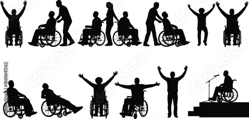 Wheelchair user silhouettes collection showing disability inclusion, independence, support and empowerment, people with mobility challenges illustration isolated on white background