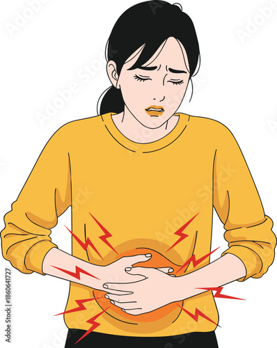 Woman experiencing stomach pain and abdominal cramps, digestive problem illustration showing health discomfort, medical symptom concept isolated on white background