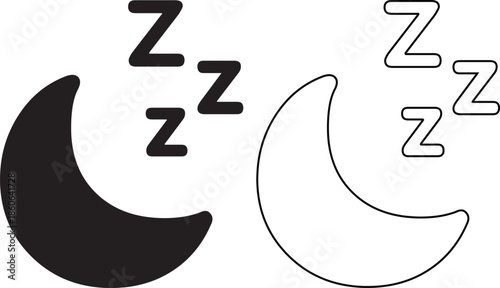 Night Sleep Mode Icons Featuring Crescent Moon and ZZZ Snoring Symbols in Solid and Outline Versions