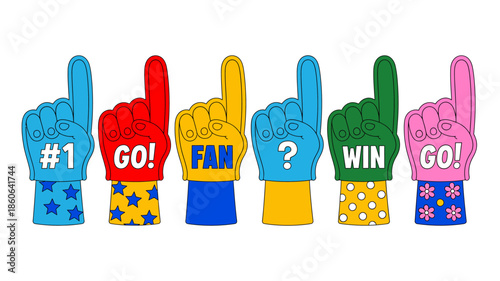 Foam hand set featuring cheering sports fans, number one finger symbols, supportive gestures, and championship spirit, vector illustration perfect for fan merchandise, sports events, celebrations, and