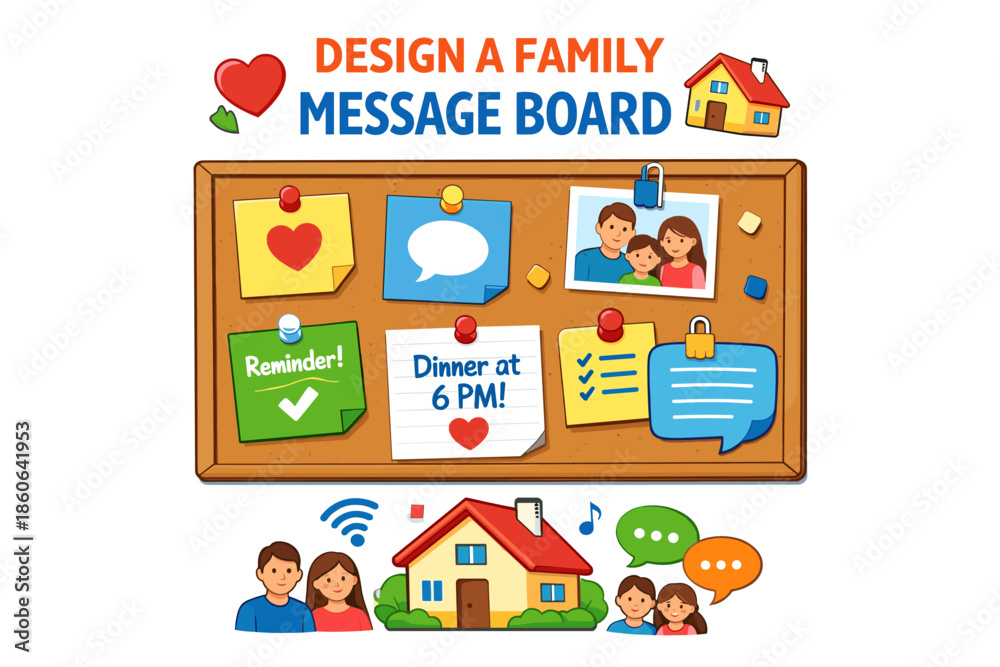 Naklejka premium Family message board design with cute illustrations and family photos
