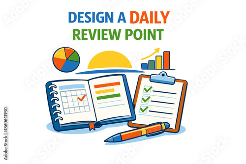Daily review design with calendar and checklist graphics for productivity enhancement