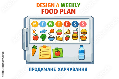 Design a weekly food plan with colorful icons and meals