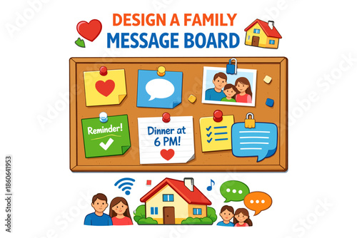 Family message board design with cute illustrations and family photos