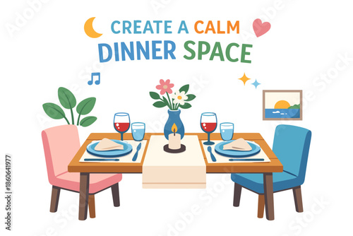 Cozy dinner setting with minimalist decor and candlelight for a calming atmosphere