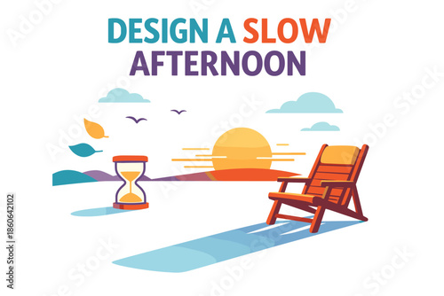 Relaxing afternoon scene with hourglass and chair by sunset