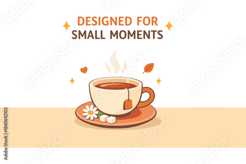 Cozy cup of tea with steam, sugar cubes, and floral decoration