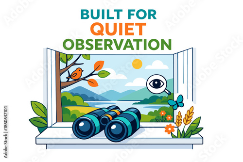 Binoculars on windowsill overlooking serene landscape for peaceful nature observation