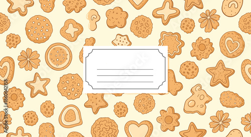 Delightful seamless pattern of hand-drawn cookies and biscuits in various shapes like stars and hearts for a bakery background.