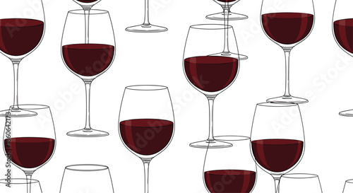 Elegant seamless pattern of repeated wine glasses filled with red wine on a clean white background for restaurant or event decor.