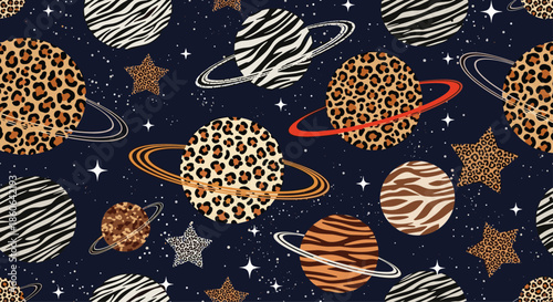 Creative seamless pattern of planets and stars with animal print textures on a dark starry space background for modern fashion.