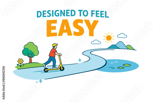 Cartoon boy riding scooter on scenic path with mountains and trees in bright sunlight