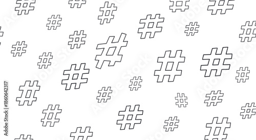 Simple seamless pattern background featuring various sizes of hand drawn black hashtags on a plain white backdrop for social media themes.