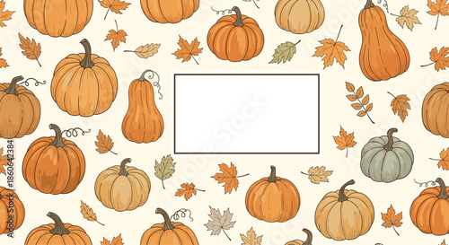 Seamless pattern featuring a variety of pumpkins and squash with colorful autumn leaves on a cream-colored background.