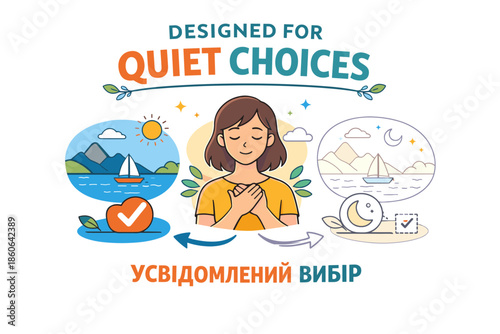 Content young female making thoughtful choices surrounded by nature and calm symbols