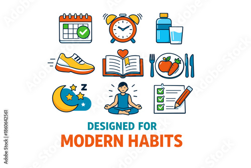 Icons representing modern healthy lifestyle habits for well-being
