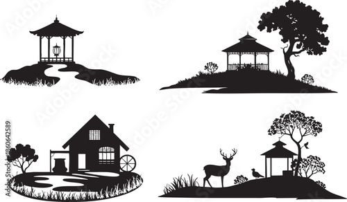 collection of black silhouettes of houses and gazebos in natural scenery