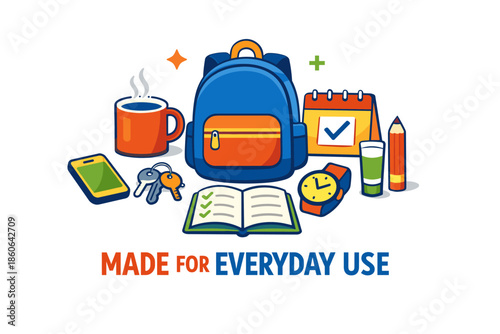 Essential items for daily life: backpack, coffee, phone, keys, watch, calendar