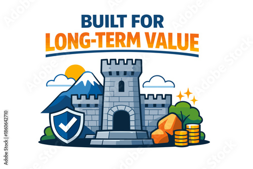 Castle symbolizing long-term value with mountains and shield