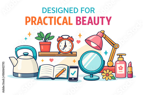 Designed for practical beauty: home items and decor elements in a vibrant illustration
