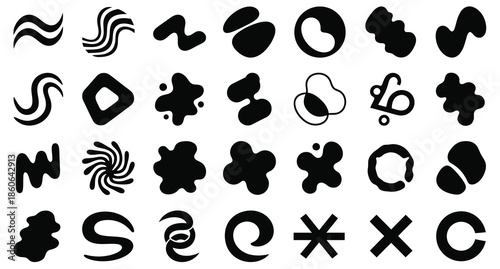 Abstract black ink splatter shapes isolated on white background design elements