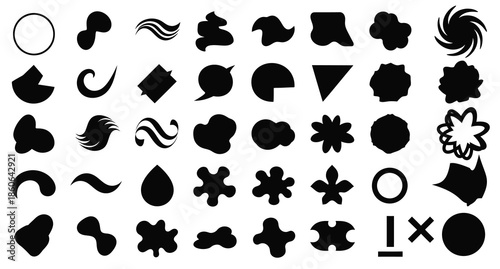 Collection of abstract black shapes and silhouettes on white background