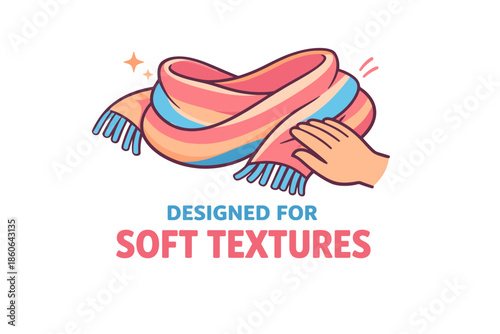 Illustration of hand touching soft, colorful scarf with smooth texture