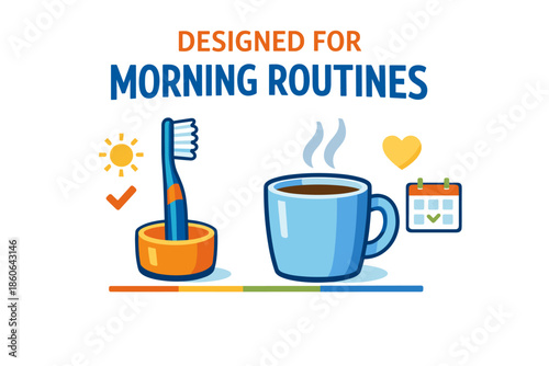Morning routines: toothbrush, coffee, and organizing symbols on white background