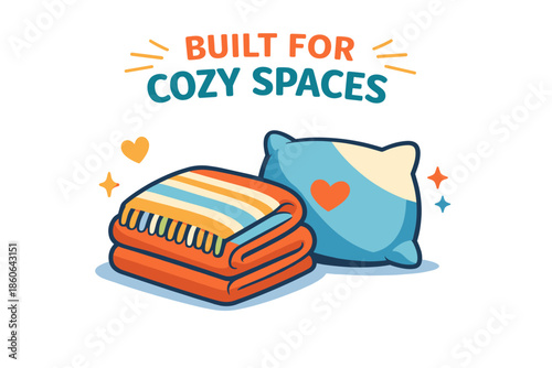 Cozy spaces design with striped blanket and blue pillow illustration