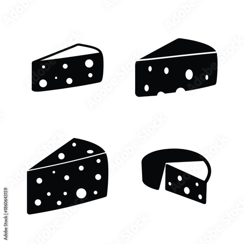 A diverse collection of stylized cheese wedges in a striking black and white vector illustration