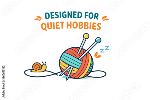 Colorful yarn and knitting needles with snail for quiet hobbies