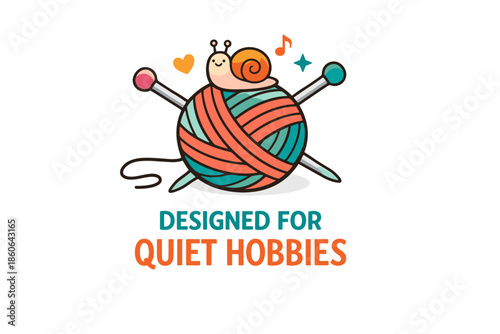 Whimsical snail on yarn ball with knitting needles and heart