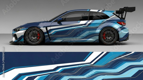 A blue sports car with a dynamic abstract graphic design wrap, showcasing speed and modern aesthetics.