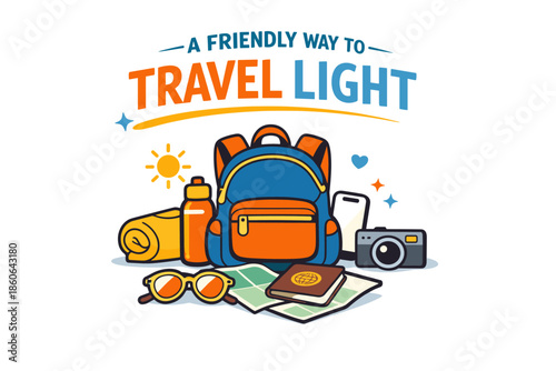 Essential travel gear illustration with backpack, map, camera, and accessories