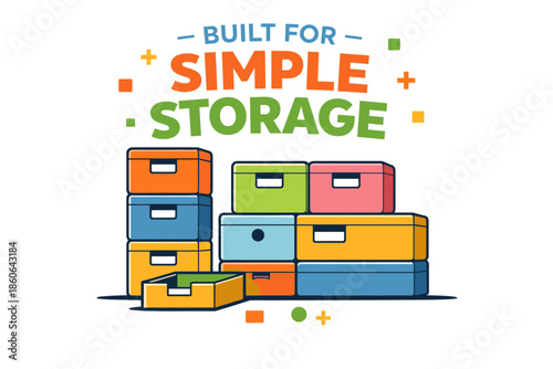 Colorful storage boxes stacked with "built for simple storage" text