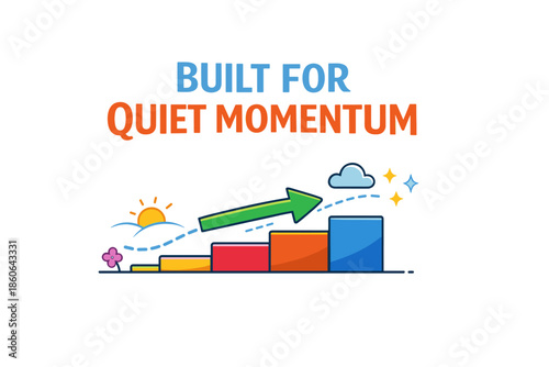 Quiet momentum concept with rising bar chart and green arrow