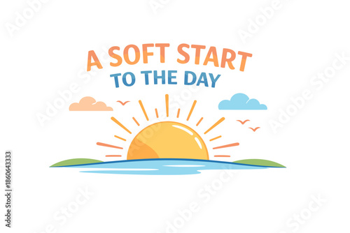 Illustration of sunrise with clouds and birds over water