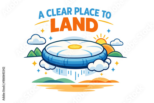 Colorful flying saucer over landscape with clouds and sun