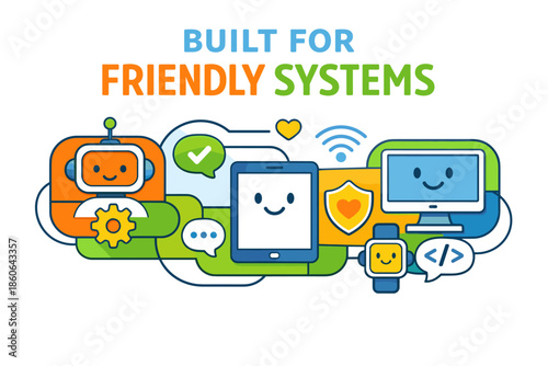 Cute technology icons: robots, devices, and smiling faces in harmony