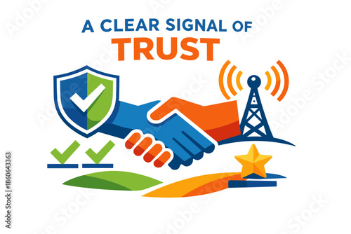 Trust concept with handshake, shield, and signal tower illustration
