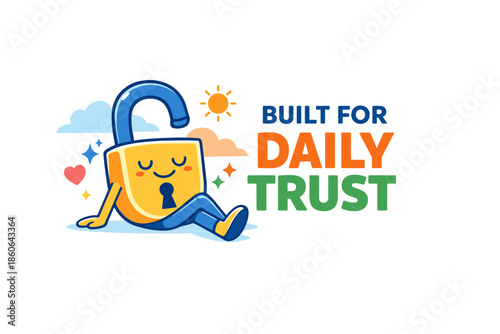 Cartoon lock character with inspiring trust message in bright colors