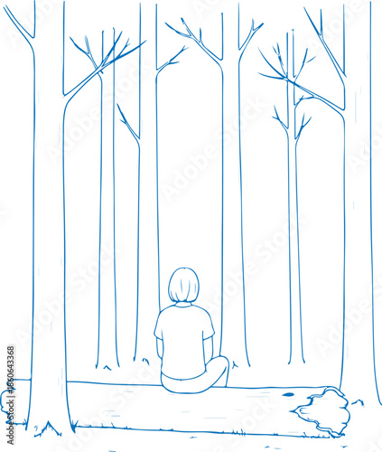 Person sitting alone in forest vector Illustration