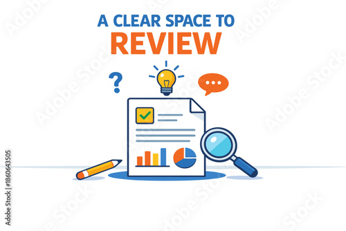 Creative review process with document, magnifying glass, and lightbulb icon