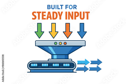 Industrial conveyor system with multi-directional arrows indicating steady input and output
