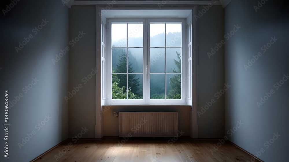 Fototapeta premium An empty room with a large window offering a view of a misty forest at dusk