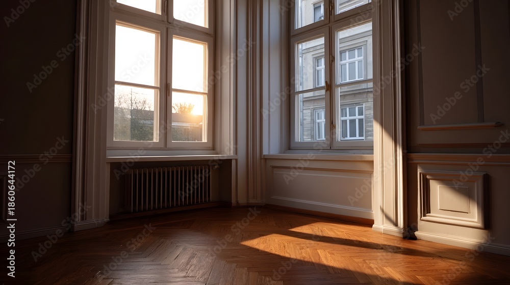 Obraz premium Warm sunlight streams into an empty room with classic architecture and wooden parquet floor