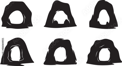 Collection of 6 Different Black Cave Silhouettes on Transparent Background