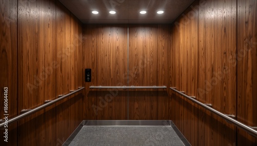 Interior of an Elevator With Wooden Walls and a Control Panel