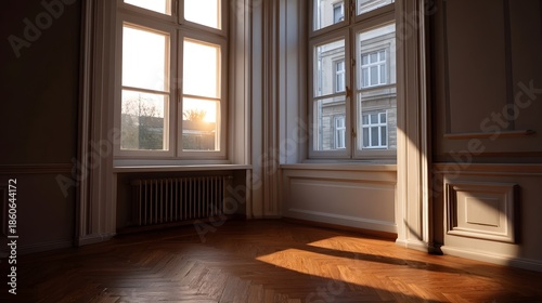 Warm sunlight streams into an empty room with classic architecture and wooden parquet floor